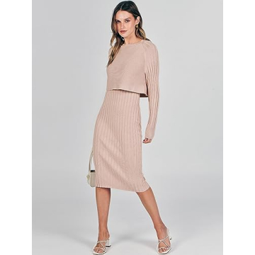 ANRABESS Womens 2 Piece Outfits Sweater Dresses Set Midi Skirt Sets Long Sleeve Crop Top Bodycon Ribbed Knit Dress 2024 Fall