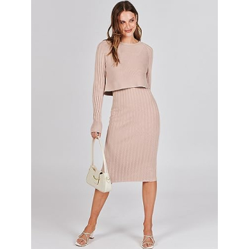 ANRABESS Womens 2 Piece Outfits Sweater Dresses Set Midi Skirt Sets Long Sleeve Crop Top Bodycon Ribbed Knit Dress 2024 Fall