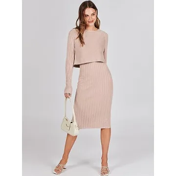 ANRABESS Womens 2 Piece Outfits Sweater Dresses Set Midi Skirt Sets Long Sleeve Crop Top Bodycon Ribbed Knit Dress 2024 Fall