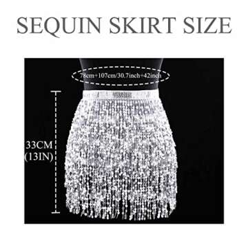 ELABEST Belly Dance Boho Tassel Fringe Skirt with Sequins - Hip Scarf & Wrap - Rave Dress & Body Jewelry Accessories for Women and Girls (Silver)