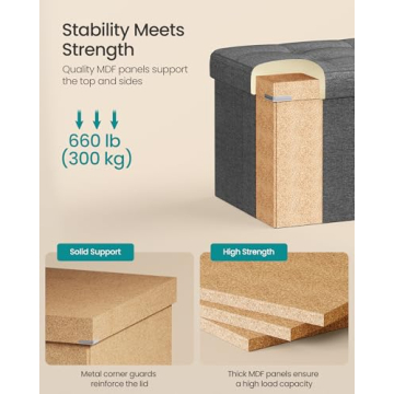 SONGMICS MAZIE Collection - 43 Inches Folding Storage Ottoman Bench, Ottoman Foot Rest, End of Bed Bench, Storage Chest, Load 660 lb, for Living Room, Bedroom, Entryway, Dark Gray ULSF77K