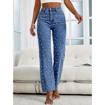EZAPINE Women's Jeans Straight Leg Pearls Beaded High Waisted Slim Fit Stretch Bootcut Denim Pants C...