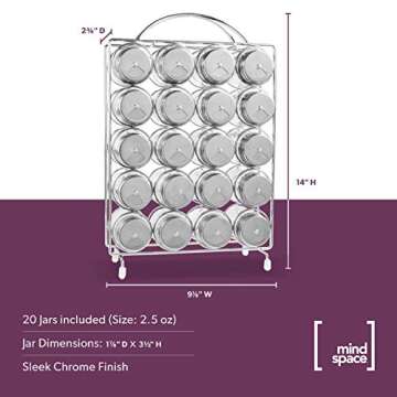 Mindspace Spice Rack Organizer with Set of 20 Glass Spice Jars Included Spices and Seasoning Rack for Countertop or Cabinet | The Wire Collection, Chrome (Spices NOT Included)
