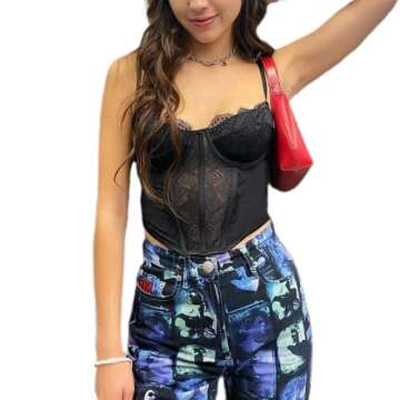 SOOKABEILA Women Lace Sleeveless Crop Top Sexy V Neck Spaghetti Strap Tunic Tank Top Gothic Camisole Corset Top(Black lace,M)