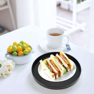 Large Round Wooden Serving Trays, Black Circle Natural Plate for Bathroom Ottoman Kitchen Coffee Tab...