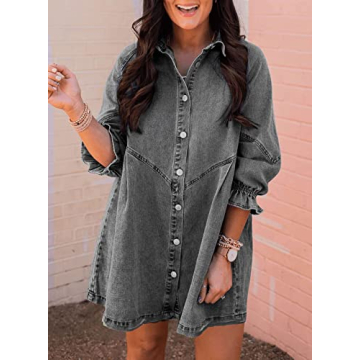 Sidefeel Womens Smocked 3 4 Sleeve Button Down Denim Jeans Dresses Medium Gray