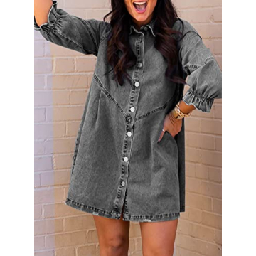 Sidefeel Womens Smocked 3 4 Sleeve Button Down Denim Jeans Dresses Medium Gray