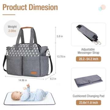 Lekebaby Diaper Bag Tote, Large Diaper Bags Waterproof,Large Mommy Bag for Hospital, Baby Bags for Mom Travel Diaper Tote Messenger Purse,Grey, Arrow Print