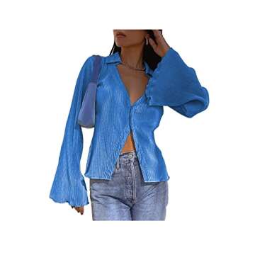 LYANER Women's Deep V Neck Button Front Bell Long Sleeve Blouse Shirt Top Blue Small