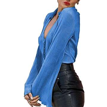LYANER Women's Deep V Neck Button Front Bell Long Sleeve Blouse Shirt Top Blue Small
