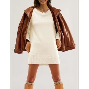 Lianlive Sweater Dress for Women Casual Long Sleeve Knit Dresses Crewneck Pullover Sweaters 2024 Trendy Fall Outfits (Beige-L)
