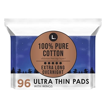 L. Pure Cotton Topsheet Overnight Pads - Organic Comfort with Wings, 96 Count