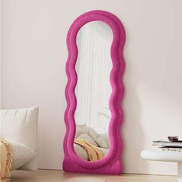JAWGLOW Wavy Mirror 63" x 24" Mirror Full Length, Full Length Mirror for Hanging or Leaning Against Wall, Wavy Full Length Mirror with Wooden Frame Flannel for Bedroom/Living Room, Pink