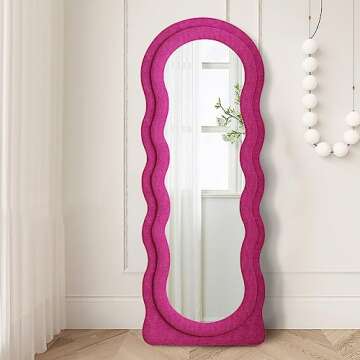 JAWGLOW Wavy Mirror 63" x 24" Mirror Full Length, Full Length Mirror for Hanging or Leaning Against Wall, Wavy Full Length Mirror with Wooden Frame Flannel for Bedroom/Living Room, Pink