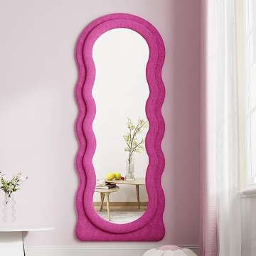 JAWGLOW Wavy Mirror 63" x 24" Mirror Full Length, Full Length Mirror for Hanging or Leaning Against Wall, Wavy Full Length Mirror with Wooden Frame Flannel for Bedroom/Living Room, Pink