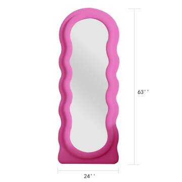 JAWGLOW Wavy Mirror 63" x 24" Mirror Full Length, Full Length Mirror for Hanging or Leaning Against Wall, Wavy Full Length Mirror with Wooden Frame Flannel for Bedroom/Living Room, Pink