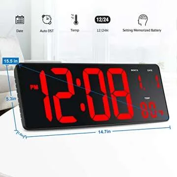 DreamSky 15.5" Large Digital Wall Clock with Jumbo Big LED Number Display, Auto DST, Date, Indoor Temperature, 12/24H, Plug in Digital Clock Wall Mounted for Home Office Garage Warehouse Shop