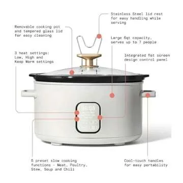 Touchscreen Slow Cooker, Kitchenware by Drew Barrymore 6QT Programmable Cooker with Touch-Activated Display (White)