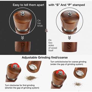 Wooden Salt and Pepper Grinder Set - Acacia Wood Pepper Mill & Salt Grinder with Adjustable Coarseness - Adding Wood Spoon and Cleaner Tool - Perfect Salt and Pepper Shakers Gift (8" Acacia)