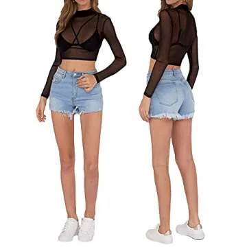 MANGOPOP Women's Short Sleeve Long Sleeve Sheer Mesh Crop Tops Tee Shirt Blouse