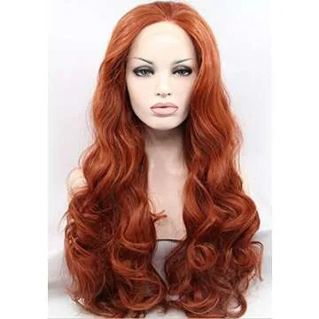 K'ryssma #350 Copper Red Lace Front Wig Glueless Auburn Long Wavy Synthetic Wigs for Women 24 inches Ginger Synthetic Wig Heat Resistant