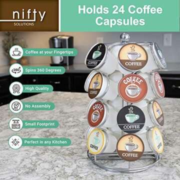 Nifty K Cup Holder – Compatible with K-Cups, Coffee Pod Carousel | 24 K Cup Holder, Spins 360-Degrees, Lazy Susan Platform, Modern Black Design, Home or Office Kitchen Counter Organizer