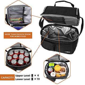 OPUX Lunch Box for Men, Adult Lunch Box Cooler, Insulated Lunch Bag Women, Dual Compartment Lunchbox for Work, Leakproof Double Decker Lunch Bag, Soft Lunch Pail Tote Boys Girls Kids School, Black