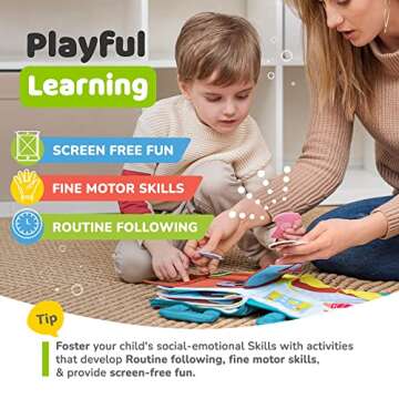 deMoca Montessori Busy Book for Toddlers, Daily Activity Quiet Book with 10 Pages Preschool Learning Activities for Fine Motor Skills Boys and Girls, Sensory Activities for 3 Years