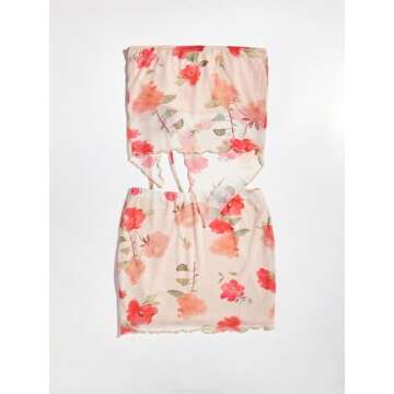 Milumia Women's 2 Piece Outfits Floral Drawstring Crop Tube Top and Mini Skirt Sets Beige X-Small