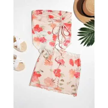 Milumia Women's 2 Piece Outfits Floral Drawstring Crop Tube Top and Mini Skirt Sets Beige X-Small