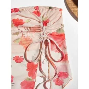 Milumia Women's 2 Piece Outfits Floral Drawstring Crop Tube Top and Mini Skirt Sets Beige X-Small