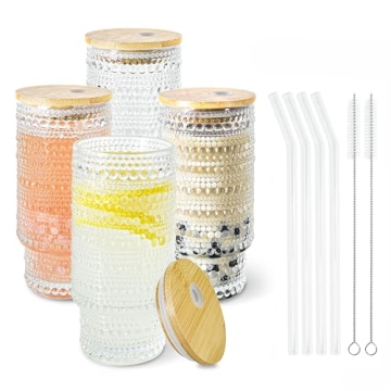 Icesip 4 Pcs 11 oz Drinking Glasses Cups Set with Bamboo Lids Straws Brush Hobnail Drinking Glasswar...