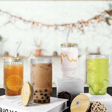 Elegant Icesip 4 Pcs Glass Set with Lids & Straws