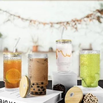 Elegant Icesip 4 Pcs Glass Set with Lids & Straws