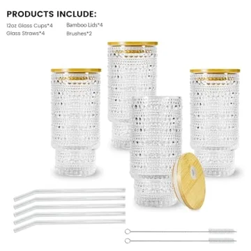 Elegant Icesip 4 Pcs Glass Set with Lids & Straws