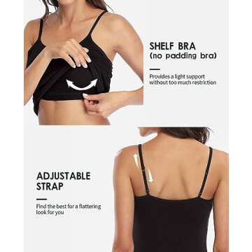 Women's Camisole Built-in Shelf Bra Adjustable Spaghetti Straps Tank Top Pack, 2 Pk Black / Black, X...