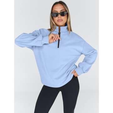 Trendy Queen Womens Oversized Sweatshirts Fall Fashion Hoodies Half Zip Pullover Long Sleeve Shirts Clothes Outfits LightBlue M
