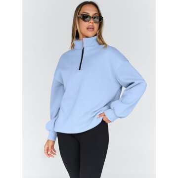 Trendy Queen Womens Oversized Sweatshirts Fall Fashion Hoodies Half Zip Pullover Long Sleeve Shirts Clothes Outfits LightBlue M