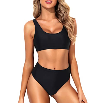 Tempt Me Women Black Two Piece Sporty High Waisted Swimsuit