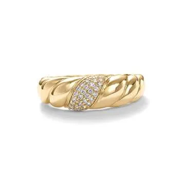PAVOI 14K Yellow Gold Plated Cubic Zirconia Croissant Ring - Twisted Braided Gold Plated Chunky CZ Signet Ring - Size 7