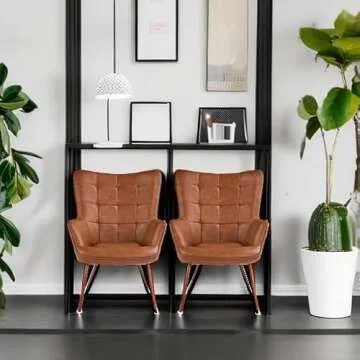 Yaheetech PU Leather Armchair, Modern Accent Chair High Back, Vintage MidCentury Sofa Chairs with Oversized Padded and Strong Structure for Living Room/Bedroom/Office, Brown, 2 pcs
