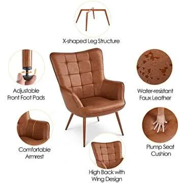 Yaheetech PU Leather Armchair, Modern Accent Chair High Back, Vintage MidCentury Sofa Chairs with Oversized Padded and Strong Structure for Living Room/Bedroom/Office, Brown, 2 pcs