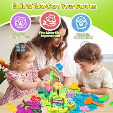 Flower Garden Sensory Bin Toys for Toddlers Kids Age 3-6, 51 PCS Garden Building Blocks, 2.2lbs Sensory Play Sand, 10 Sandbox Toys, Garden Play Set, Preschool Learning Toys Gifts for Boys Girls