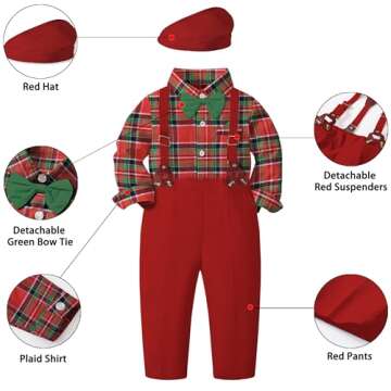 SANGTREE Boys' Clothes Set, 3PCS Gentleman Outfits for Boy of Dress Shirt with Bow Tie + Newsboy Hat + Suspender Pants Sets Kid, Hat - Plaid Red, 12-18 Months = Tag 80