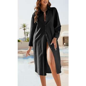 Ladyful Womens Cotton Linen Shirt Dress Button Down Summer Maxi Shirtdress Midi Dress