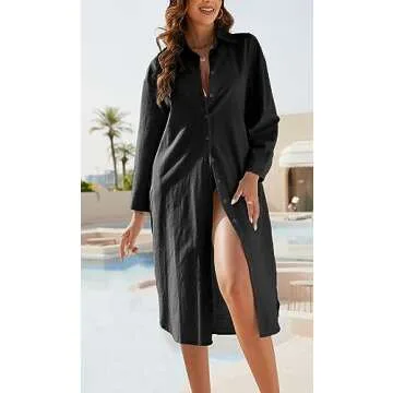 Ladyful Womens Cotton Linen Shirt Dress Button Down Summer Maxi Shirtdress Midi Dress