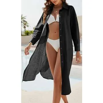 Ladyful Womens Cotton Linen Shirt Dress Button Down Summer Maxi Shirtdress Midi Dress