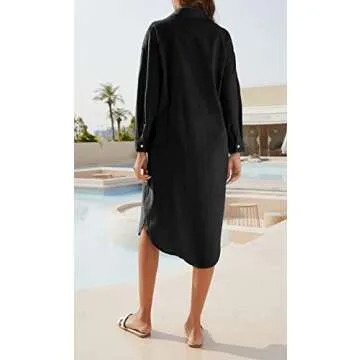 Ladyful Womens Cotton Linen Shirt Dress Button Down Summer Maxi Shirtdress Midi Dress