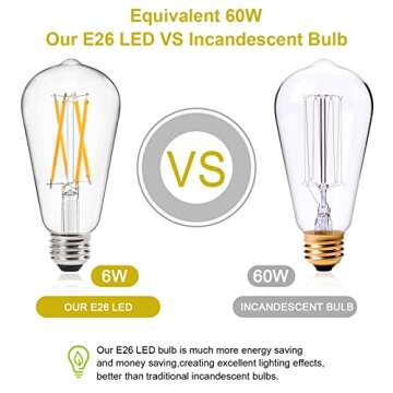 Ascher Vintage LED Edison Bulbs 60 Watt Equivalent, Eye Protection Led Bulb with 95+ CRI, Bright Warm White 2700K, Non-Dimmable, ST58 Antique LED Filament Bulbs, E26 Medium Base, Pack of 6