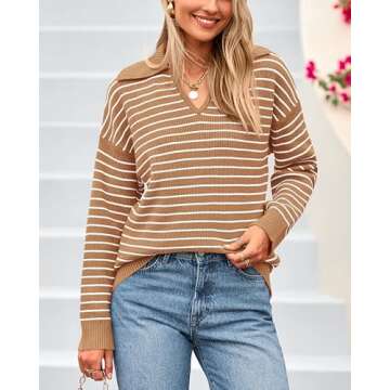 BTFBM Women's Striped Long Sleeve Sweater V Neck Lapel Collar 2024 Fall Winter Fashion Ribbed Knit L...